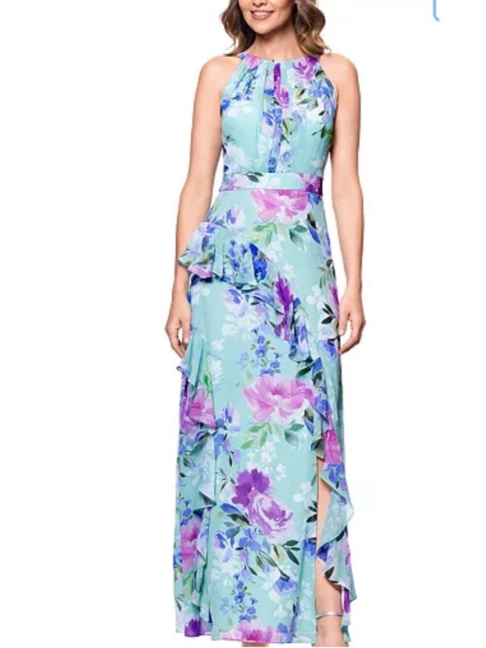 Betsy & Adam Women's Chiffon Floral Pleated Ruffle Halter Dress Size 14P